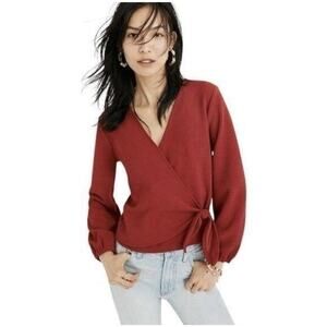 Madewell Texture & Thread Red Crepe Wrap Top Long Sleeve Small NWT